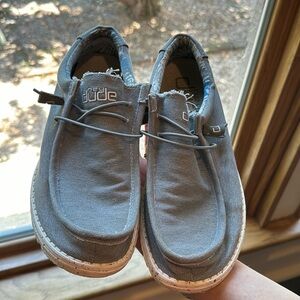 Gray men’s Hey dudes, lightly worn, size 12